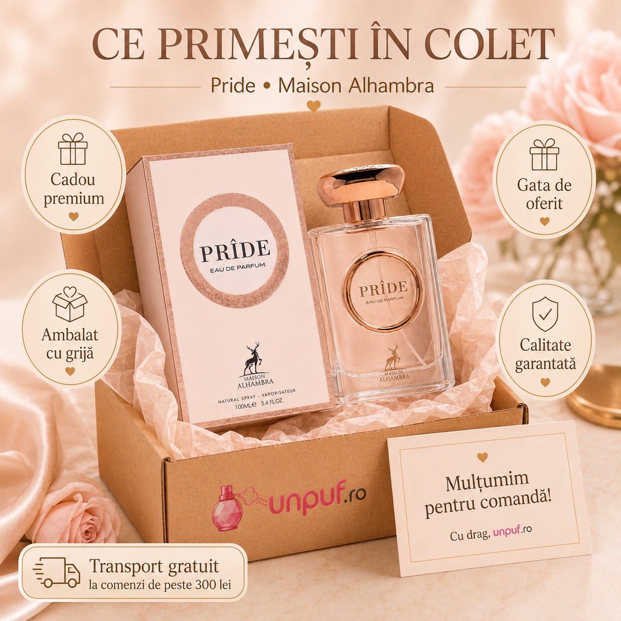 Ce primești &icirc;n colet Pride Maison Alhambra parfum arabesc de damă ambalat cu atenție de unpuf.ro