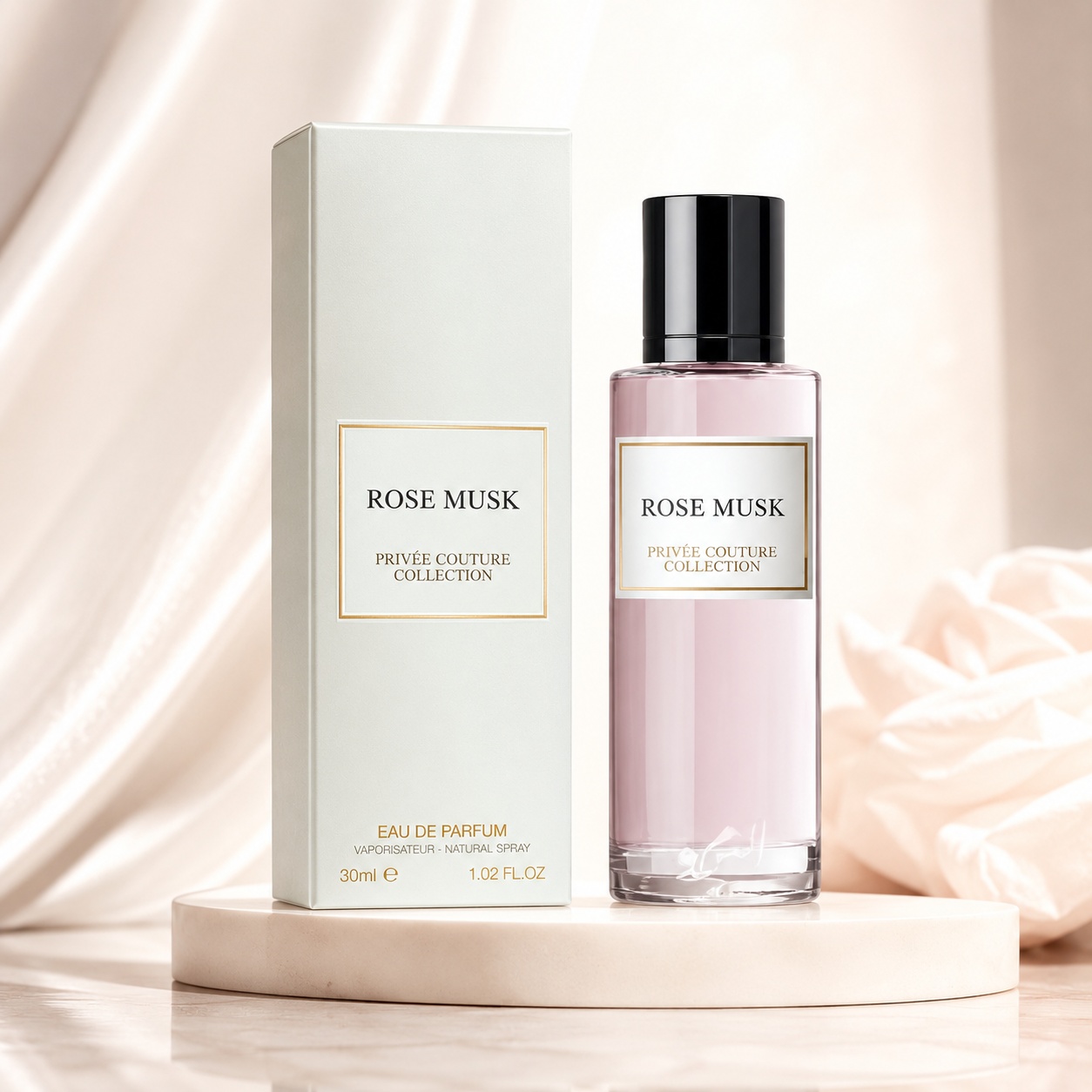Parfum Arăbesc Privee Couture Collection Rose Musk 30 ml Apă de Parfum cu sticlă roz și cutie albă elegantă