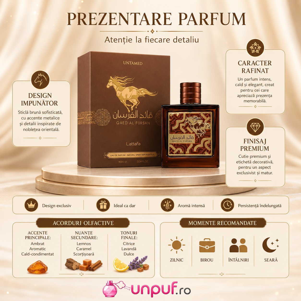 Prezentare parfum Qaed Al Fursan Untamed Lattafa cu design impunător, caracter rafinat, finisaj premium, acorduri olfactive și momente recomandate
