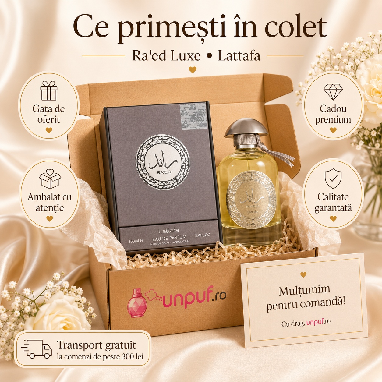Ce primești &icirc;n colet Ra'Ed Lattafa parfum arabesc bărbătesc ambalat cu atenție de unpuf.ro
