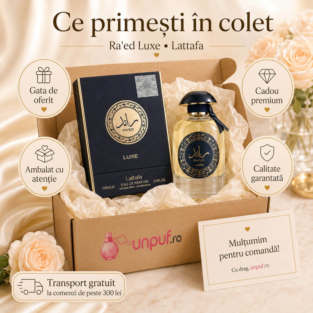 Ce primești &icirc;n colet Ra&rsquo;Ed Luxe Gold Lattafa parfum arabesc bărbătesc ambalat cu atenție de unpuf.ro
