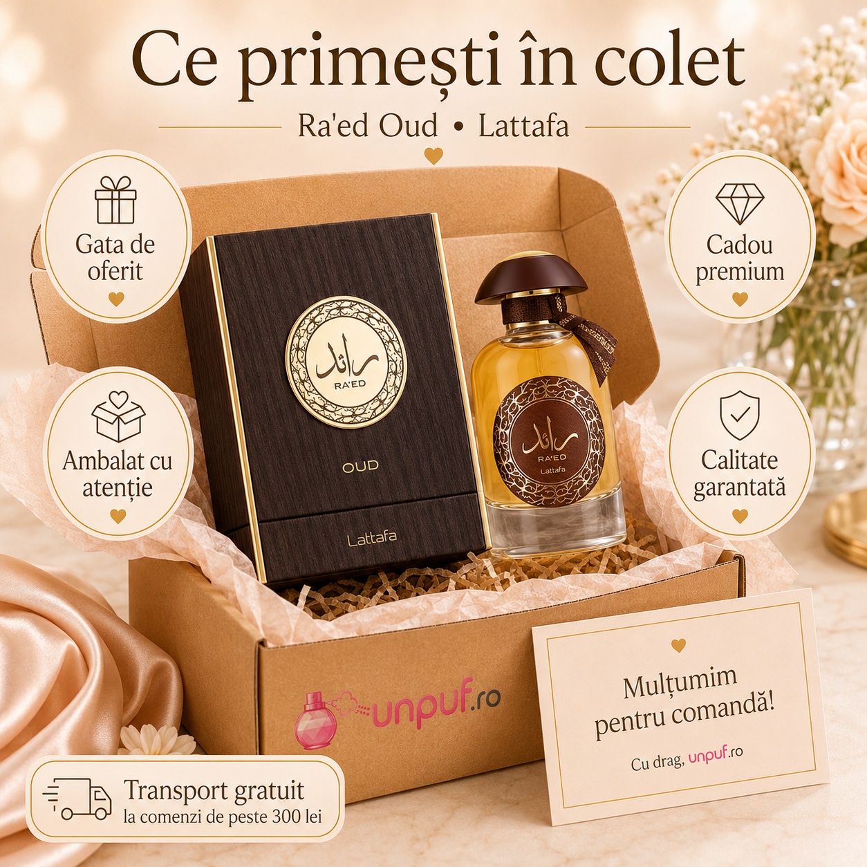 Ce primești &icirc;n colet Ra'Ed Oud Lattafa parfum arabesc bărbătesc ambalat cu atenție de unpuf.ro