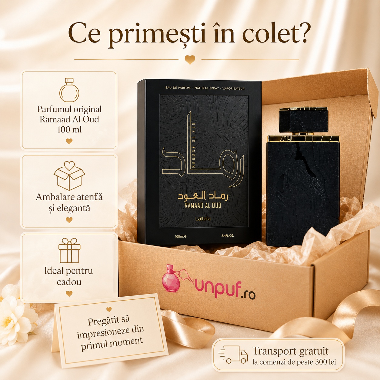 Ce primești &icirc;n colet Ramaad Al Oud Lattafa parfum arabesc bărbătesc ambalat cu atenție de unpuf.ro