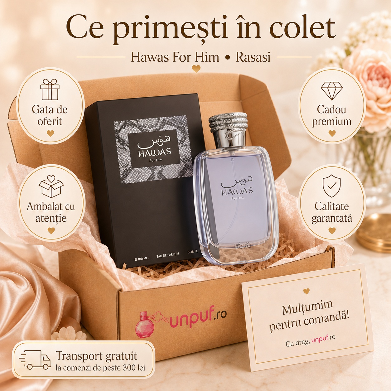 Ce primești în colet Rasasi Hawas For Him 100 ml, parfum original ambalat premium