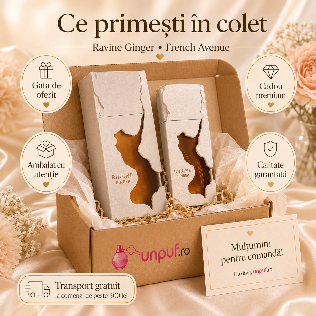 Ce primești &icirc;n colet Ravine Ginger French Avenue parfum arabesc unisex ambalat cu atenție de unpuf.ro