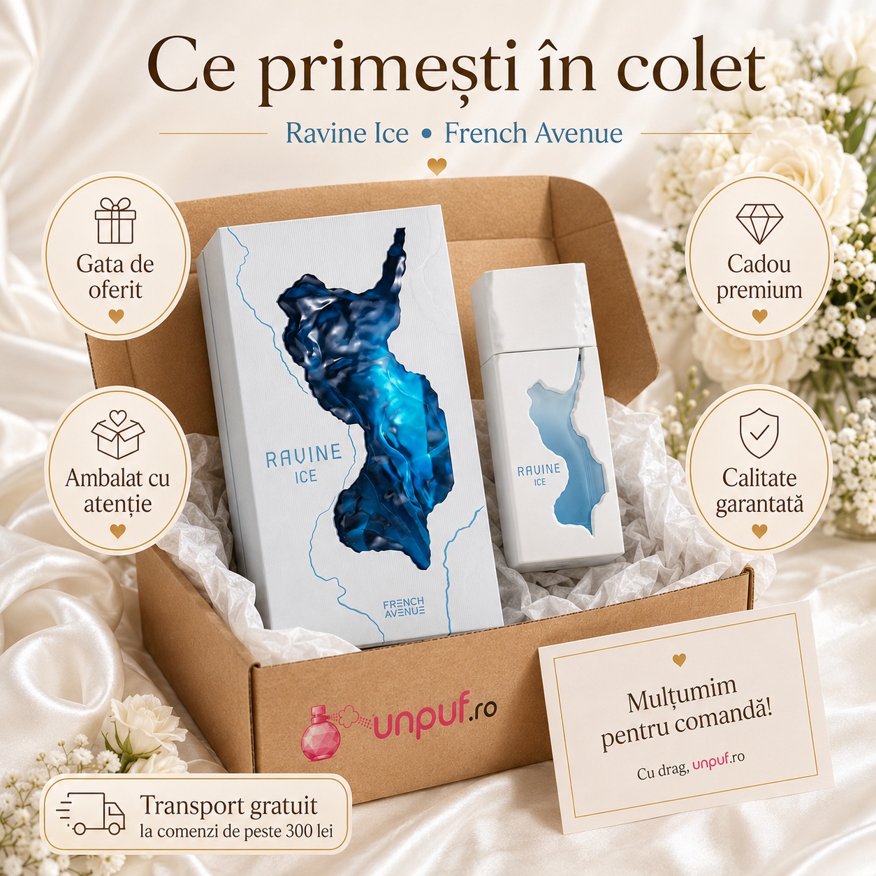 Ce primești &icirc;n colet Ravine Ice French Avenue parfum arabesc unisex ambalat cu atenție de unpuf.ro