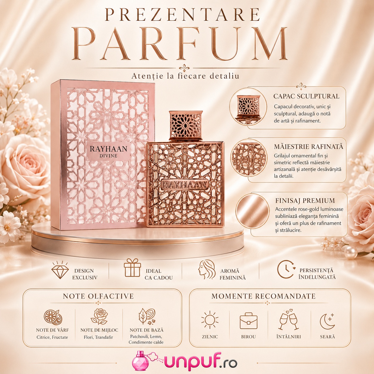 Prezentare parfum Rayhaan Divine cu detalii premium, note olfactive și momente recomandate