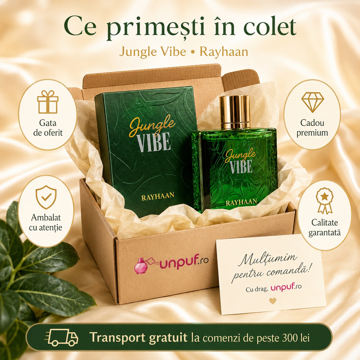 Ce primești &icirc;n colet Rayhaan Jungle Vibe parfum arabesc unisex ambalat cu atenție de unpuf.ro