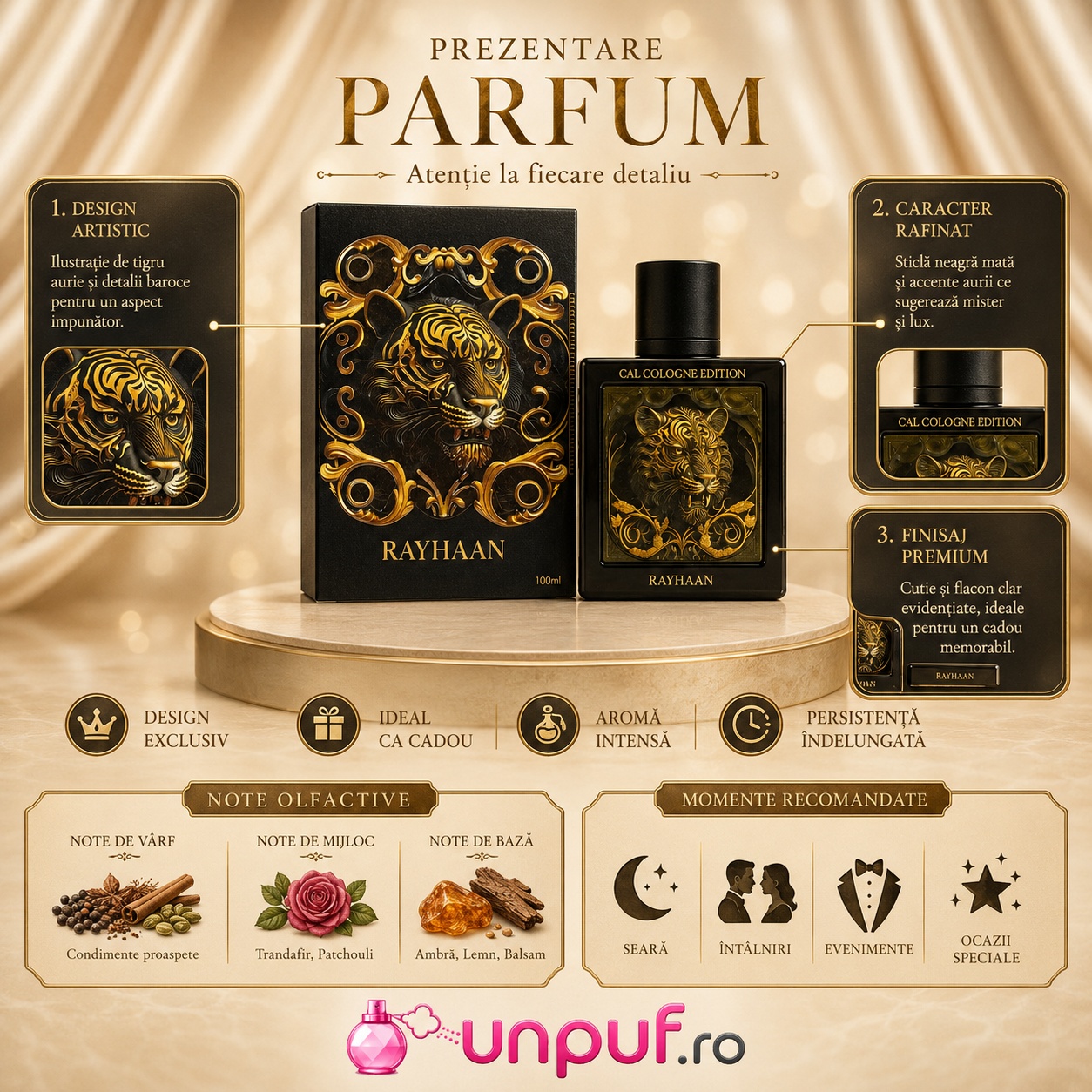 Prezentare parfum Rayhaan Tiger 100 ml cu design artistic, flacon negru, detalii aurii și note olfactive