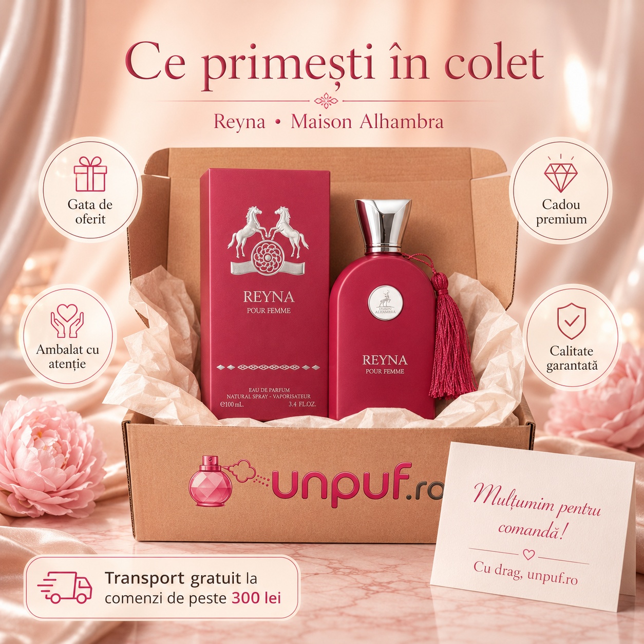 Ce primești &icirc;n colet Reyna Maison Alhambra parfum arabesc de damă ambalat cu atenție de unpuf.ro