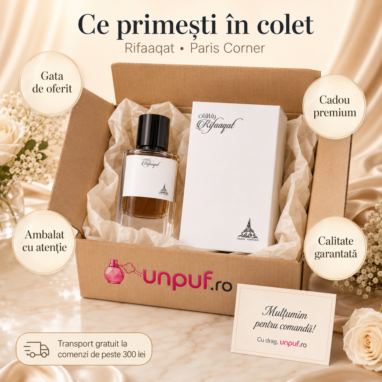 Ce primești &icirc;n colet Parfum Rifaaqat Paris Corner 85 ml ambalat premium pentru cadou