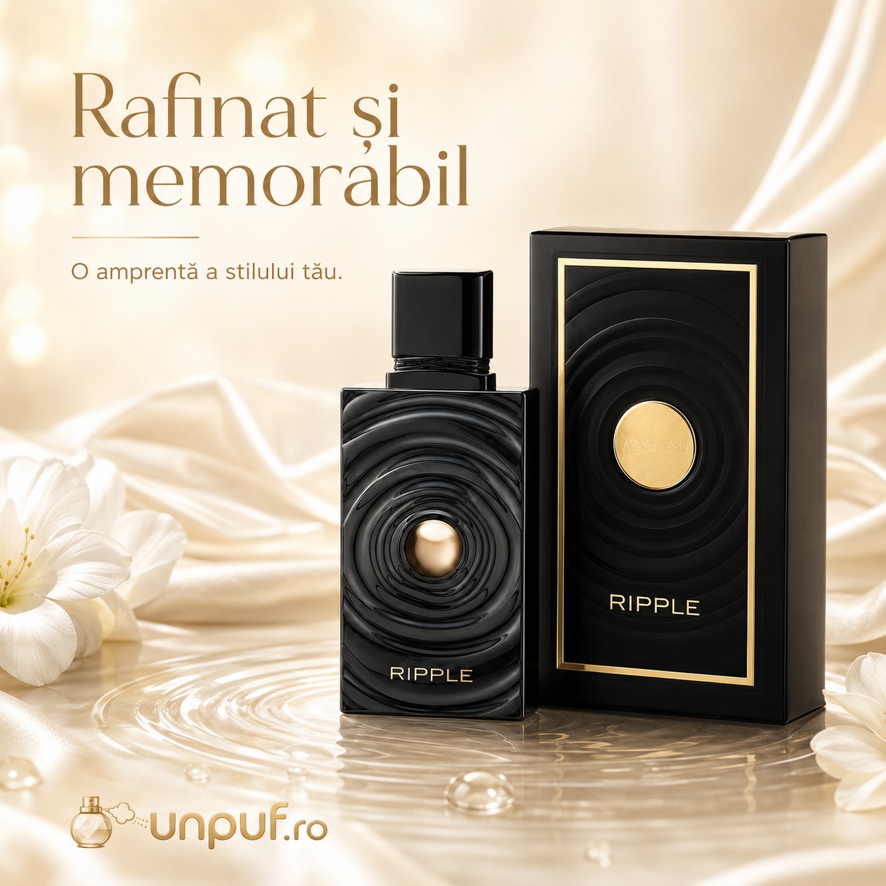 Ripple French Avenue parfum rafinat și memorabil cu flacon negru premium, cutie elegantă și valuri aurii