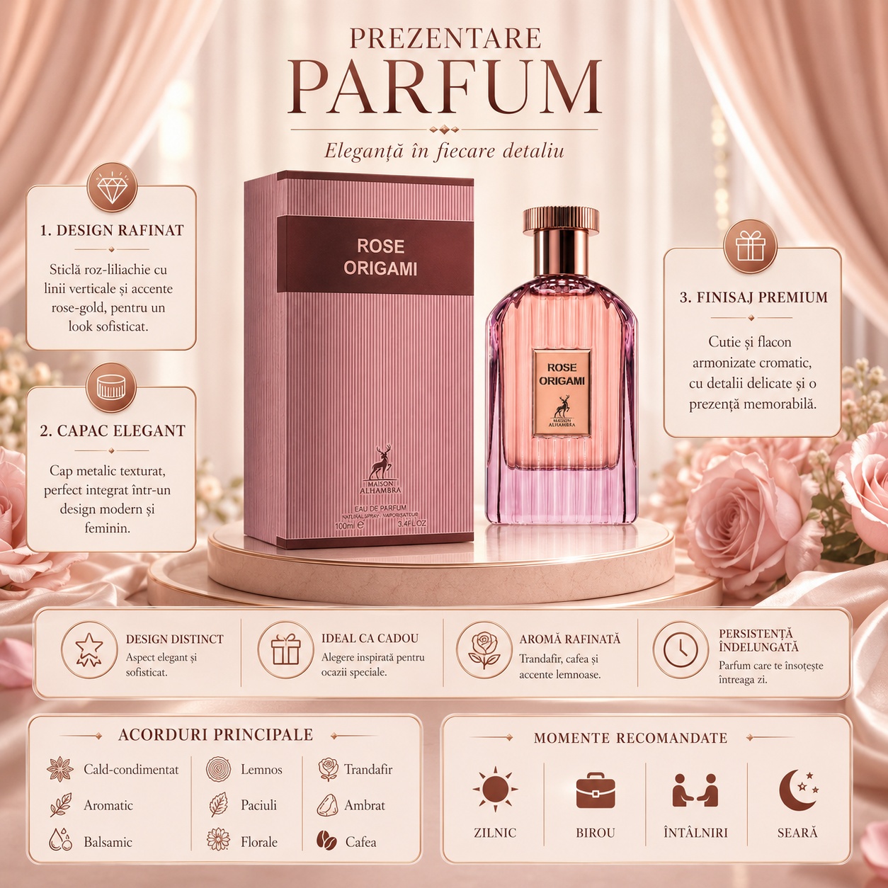 Prezentare parfum Rose Origami Maison Alhambra cu design rafinat, capac elegant, acorduri principale și momente recomandate
