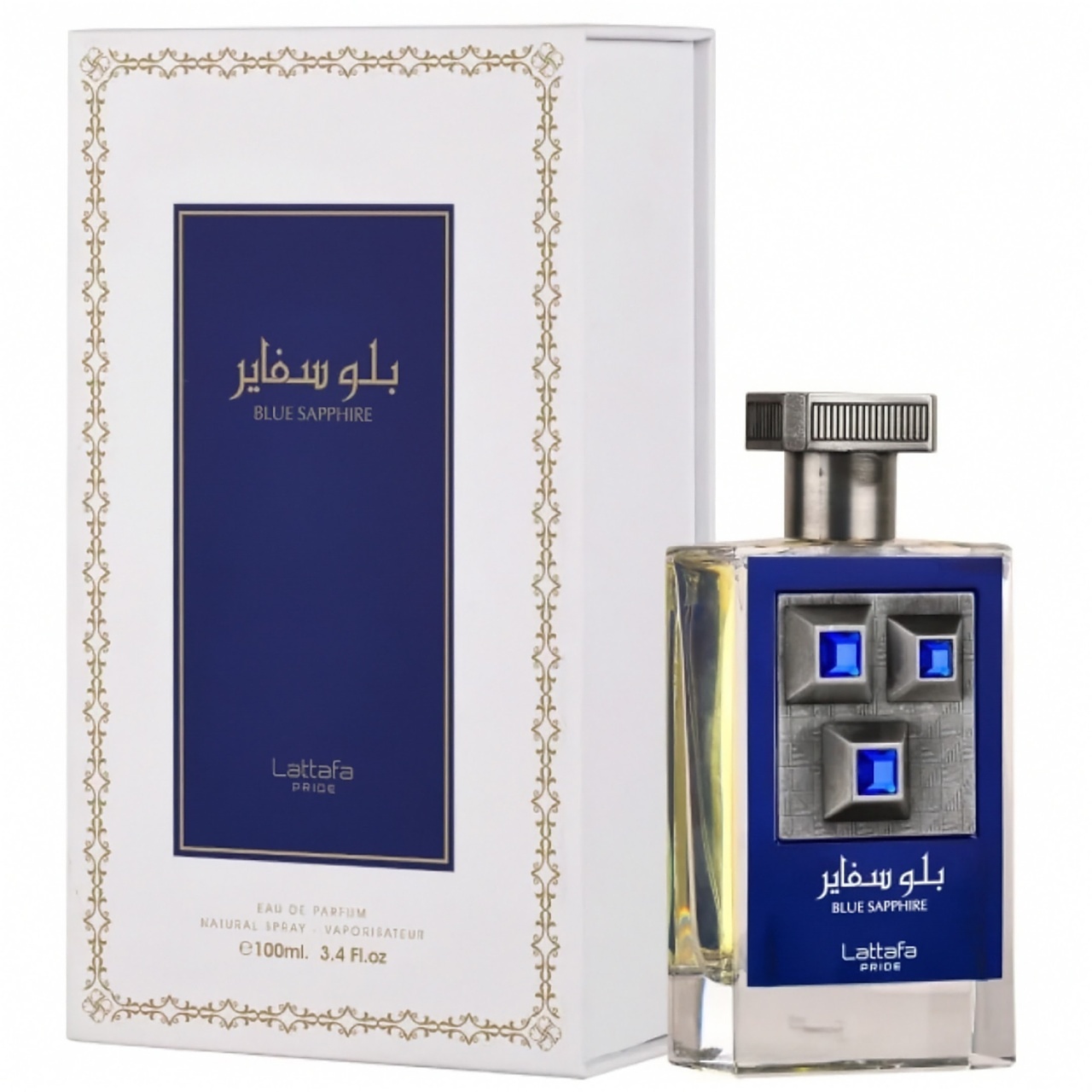 Sapphire Blue Lattafa Pride 100 ml sticlă și cutie produs pe fundal alb