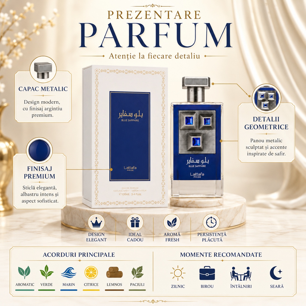 Prezentare parfum Sapphire Blue Lattafa Pride cu capac metalic, finisaj premium, detalii geometrice, aromă fresh și persistență plăcută