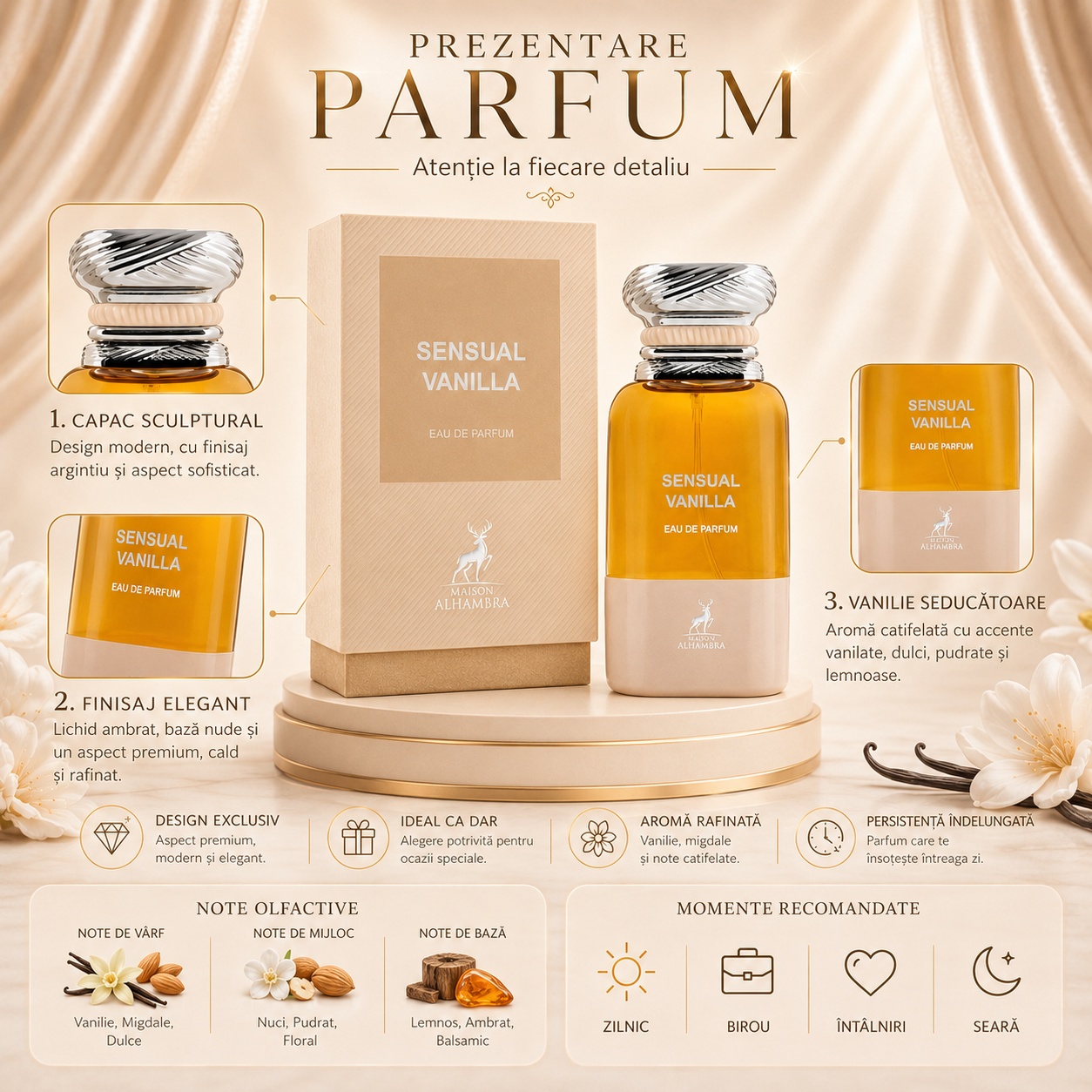 Prezentare parfum Sensual Vanilla Maison Alhambra cu capac sculptural, finisaj elegant, vanilie seducătoare, note olfactive și momente recomandate