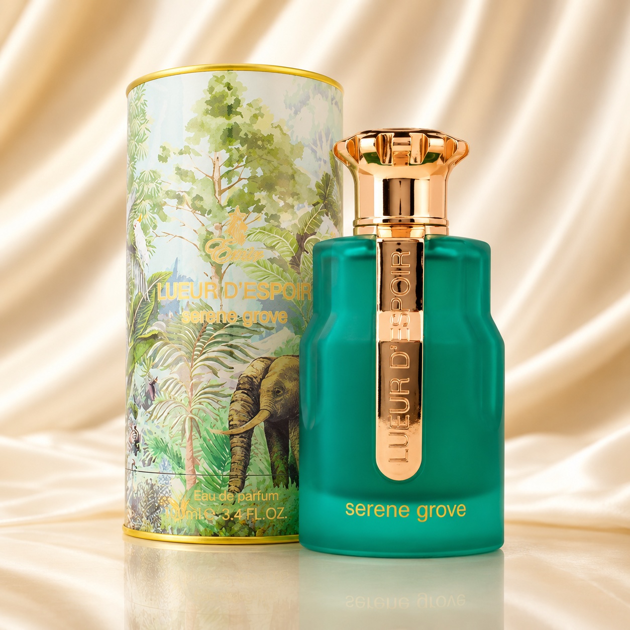Parfum Arăbesc Serene Grove Lueur D&rsquo;Espoir Emir 100 ml Apă de Parfum Unisex cu sticlă verde și cutie ilustrată