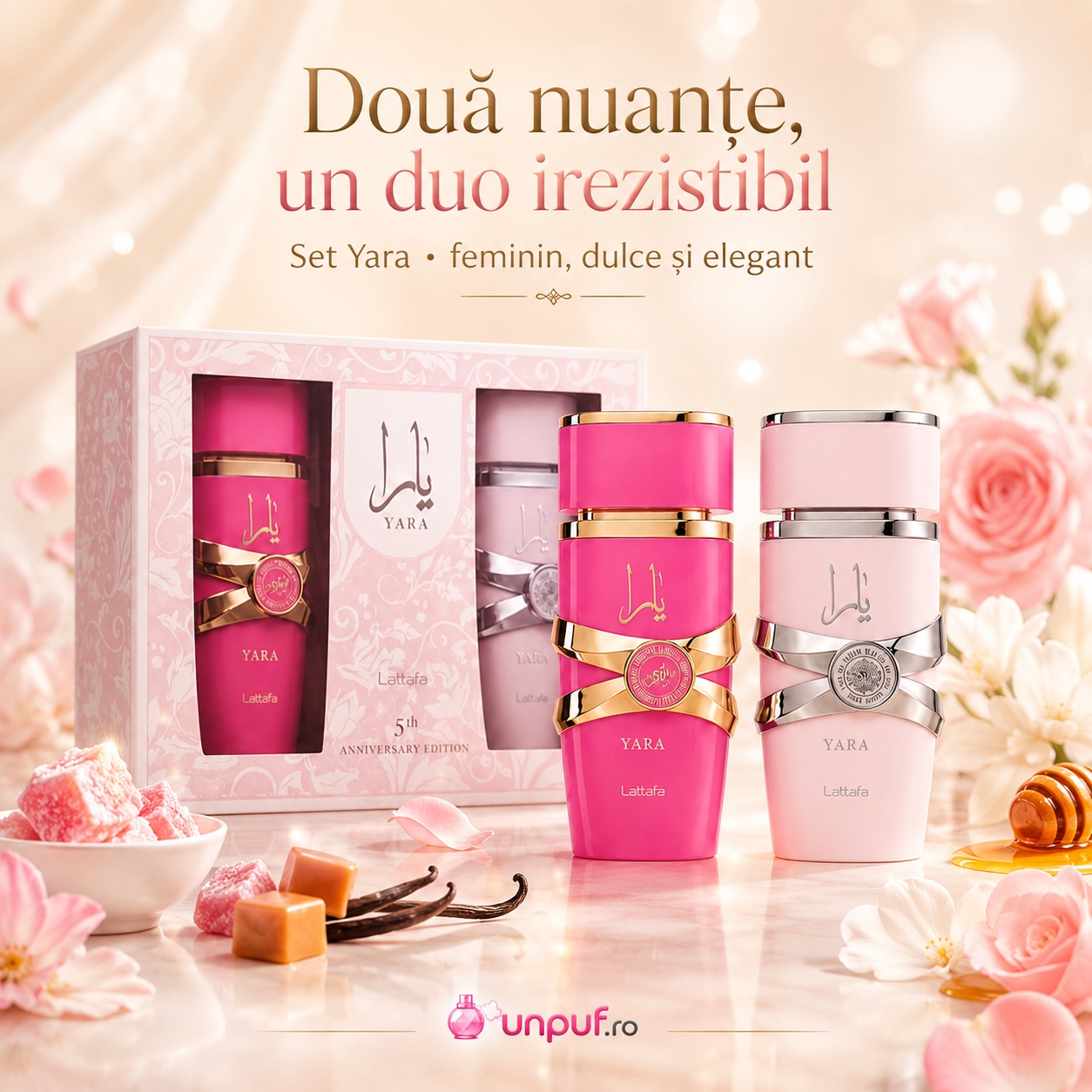 Lattafa Yara 5th Anniversary Edition, două parfumuri de damă într-un set cadou elegant