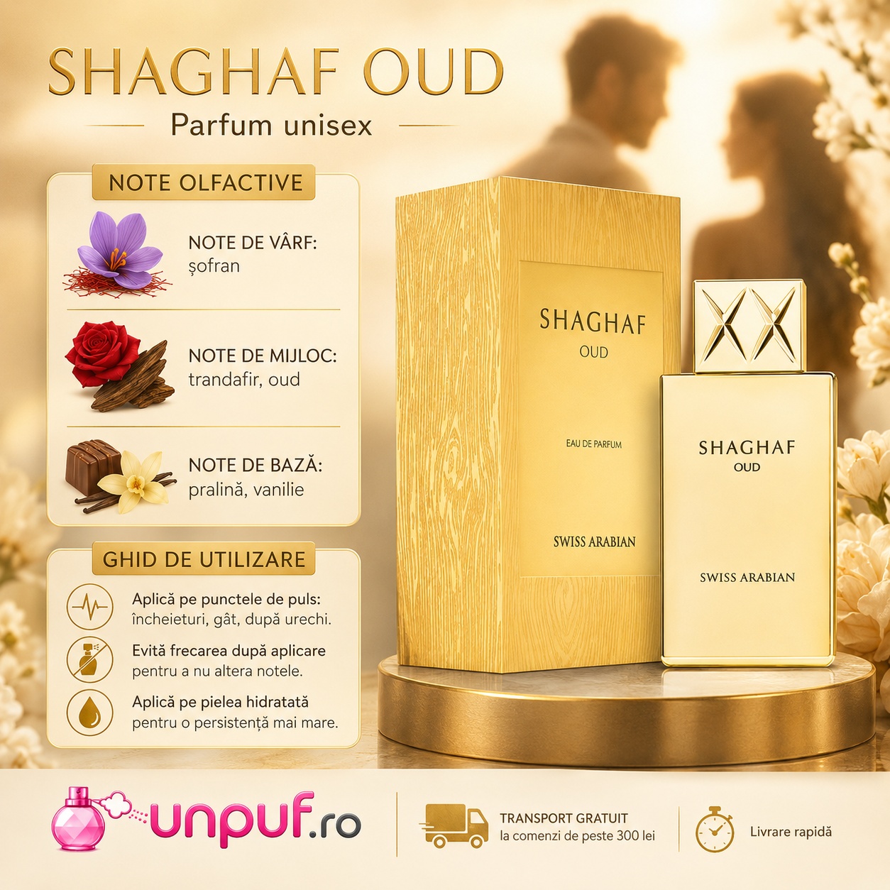 Profil olfactiv Shaghaf Oud cu șofran, trandafir, oud, pralină și vanilie