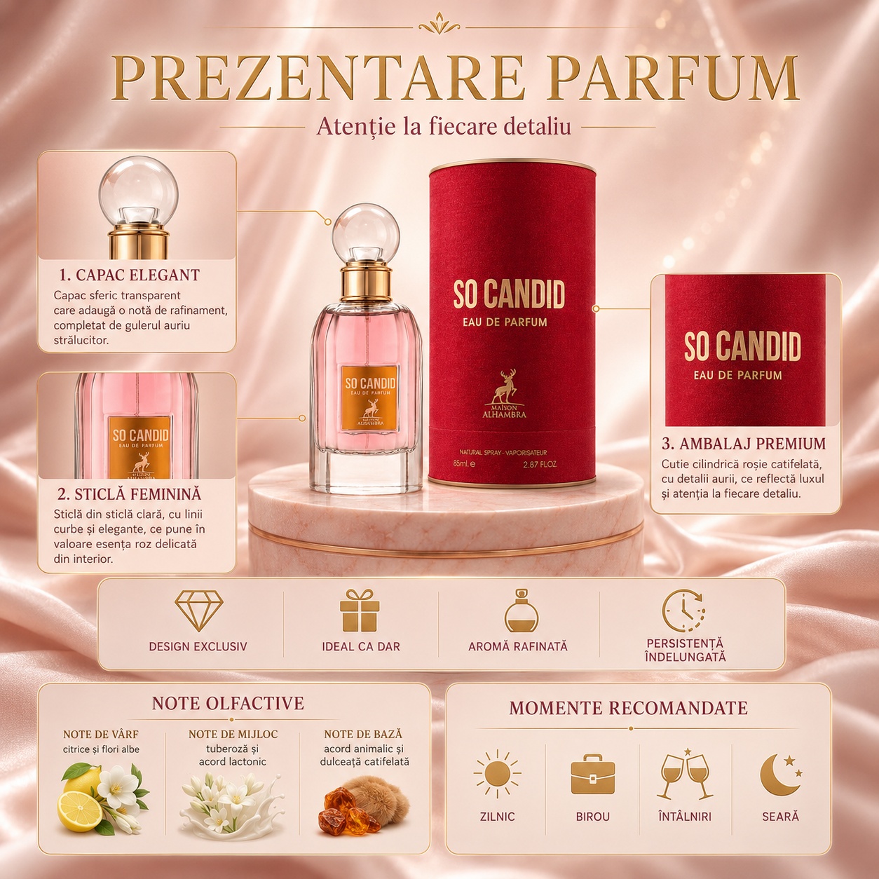Prezentare parfum So Candid Maison Alhambra cu capac elegant, sticlă feminină, ambalaj premium, note olfactive și momente recomandate