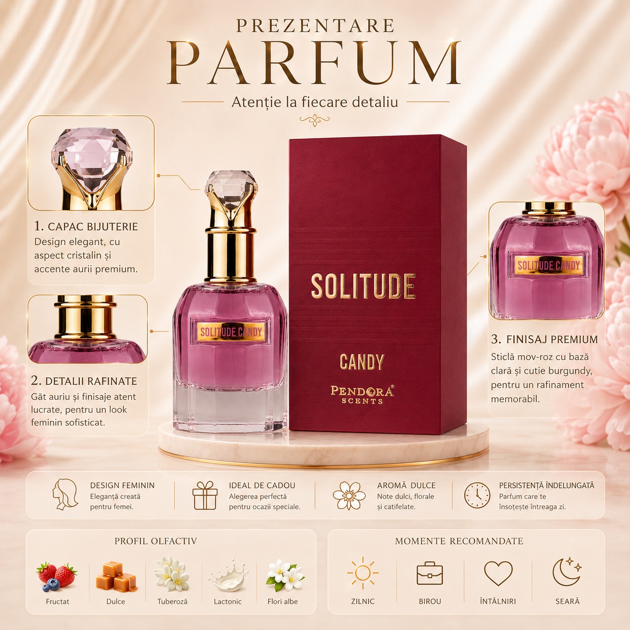Prezentare parfum Solitude Candy Pendora Scents cu beneficii, acorduri dominante și momente recomandate
