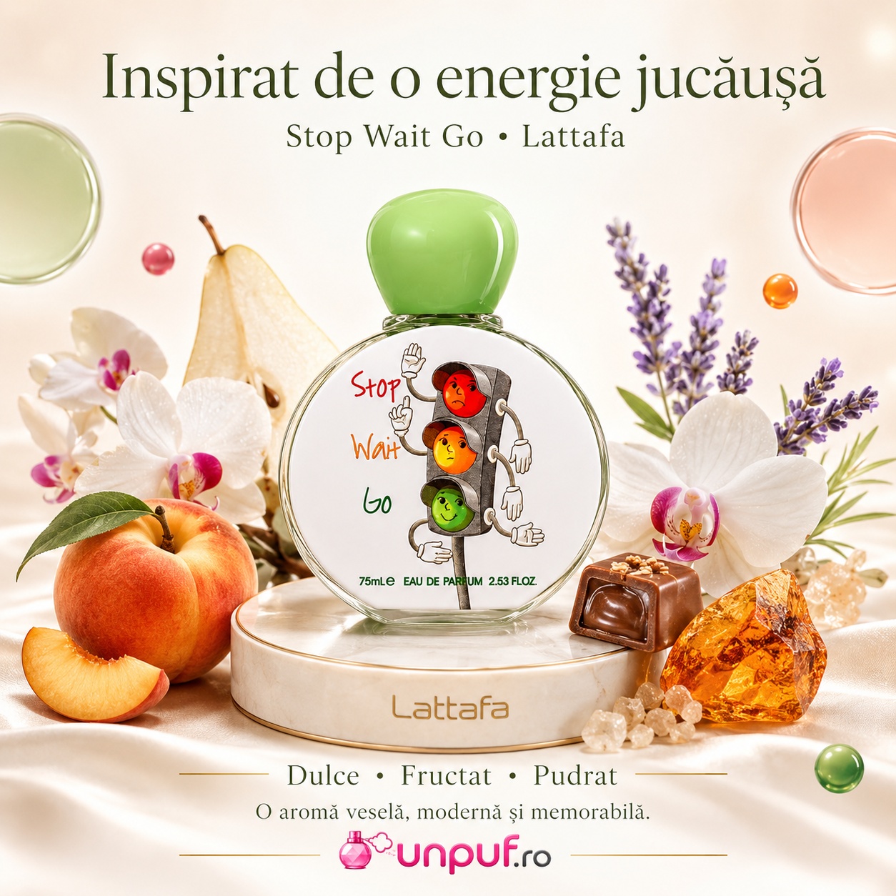 Stop Wait Go Lattafa Pride inspirat de o energie jucăușă, parfum dulce fructat pudrat cu piersică pară orhidee pralină ambră și lavandă