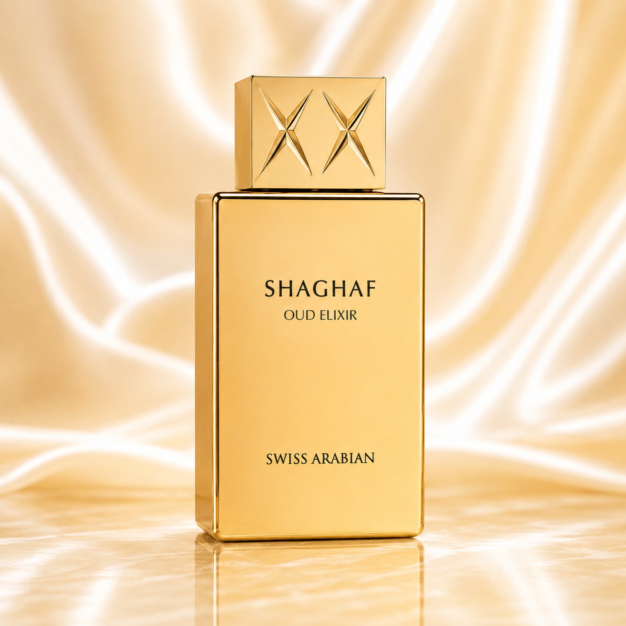 Flacon Swiss Arabian Shaghaf Oud Elixir 75 ml auriu cu capac sculptural și design luxos