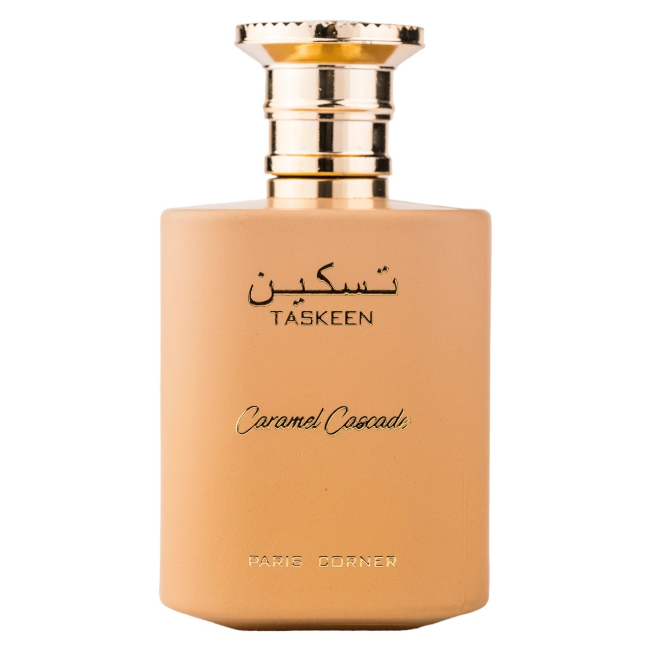Sticlă parfum Taskeen Caramel Cascade Paris Corner 100 ml cu design caramel mat și capac auriu premium