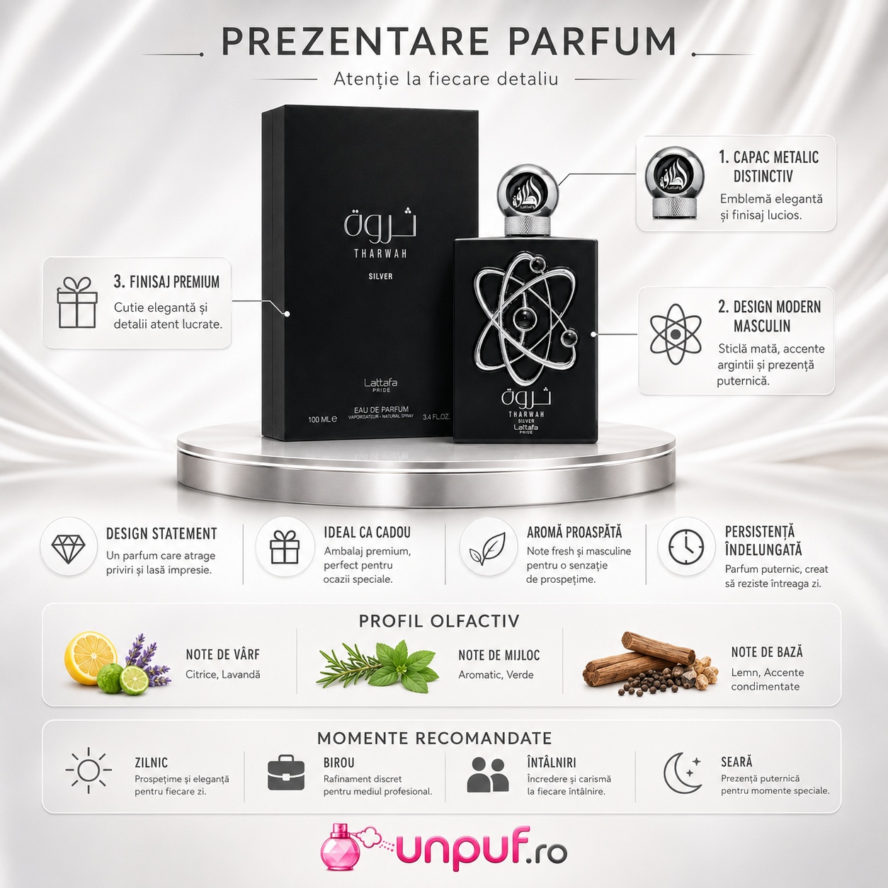 Prezentare parfum Tharwah Silver Lattafa Pride cu capac metalic, design modern masculin, finisaj premium și profil olfactiv fresh lemnos