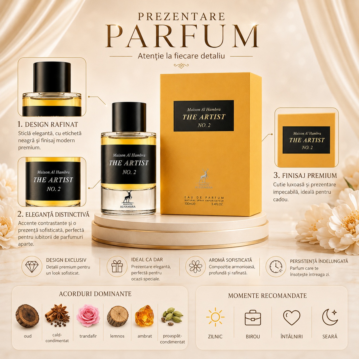 Prezentare parfum The Artist No. 2 Maison Alhambra cu design rafinat, eleganță distinctivă, finisaj premium și acorduri dominante
