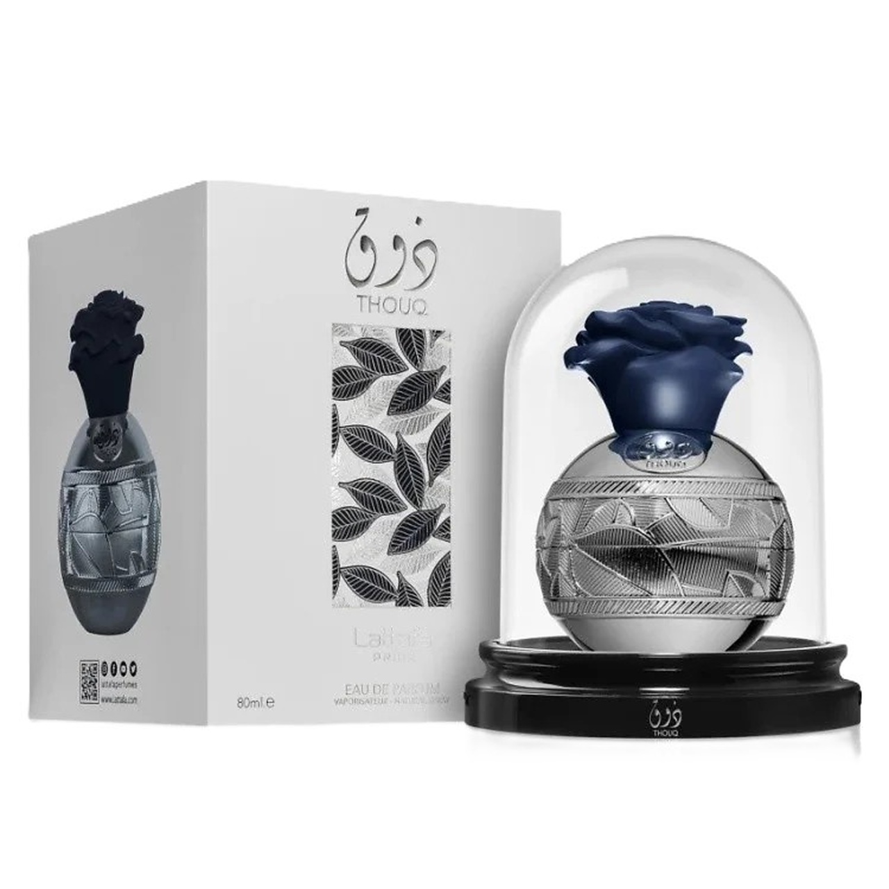 Thouq Lattafa Pride 80 ml sticlă și cutie produs pe fundal alb, cu suport tip dom premium