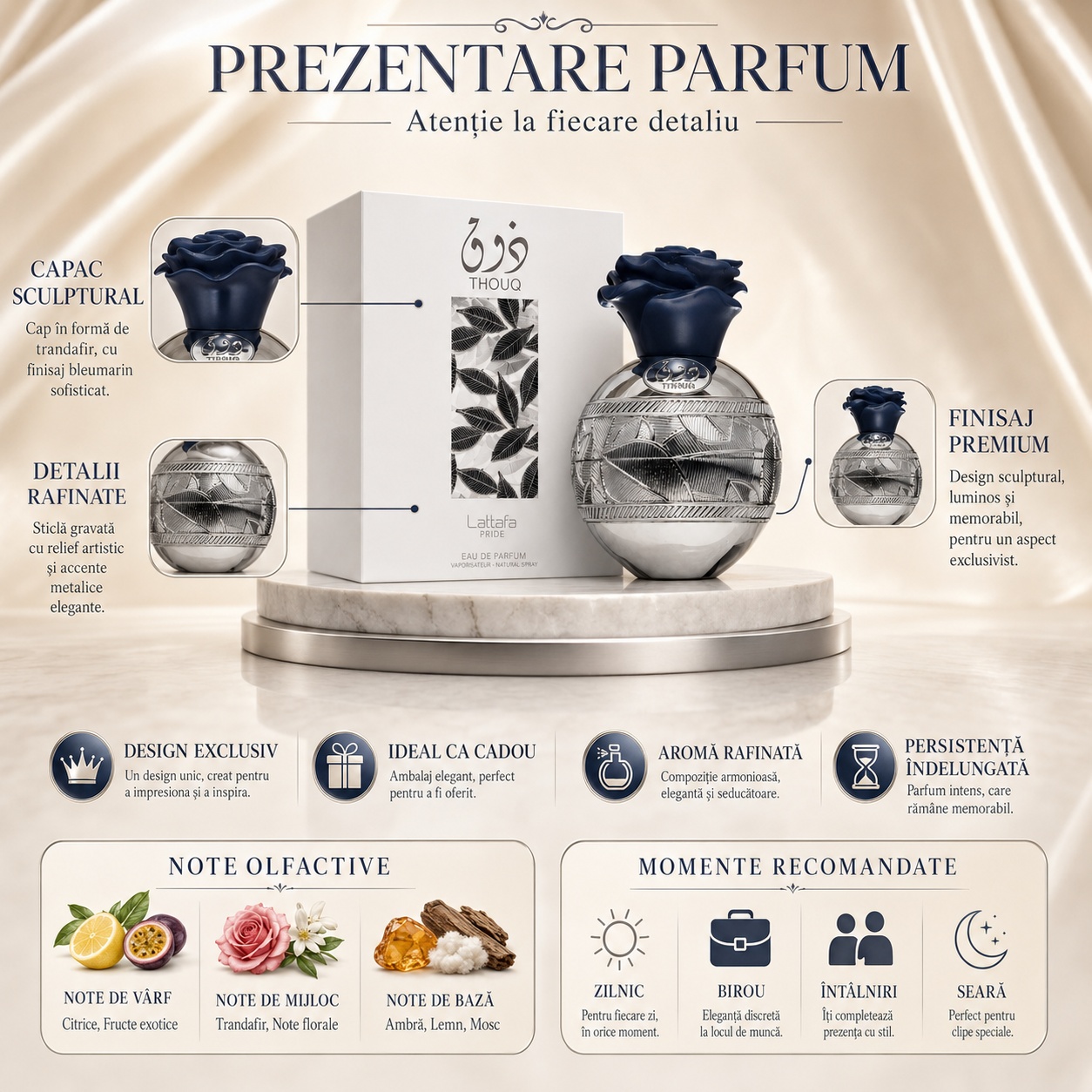 Prezentare parfum Thouq Lattafa Pride cu capac sculptural, detalii rafinate, finisaj premium, note olfactive și momente recomandate