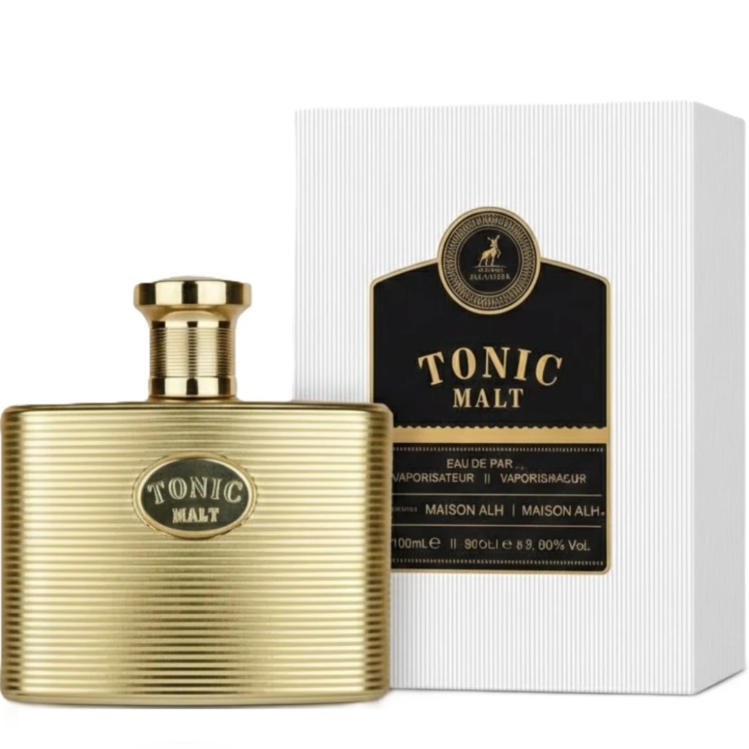 Flacon Tonic Malt Maison Alhambra 100 ml auriu striat cu cutie albă și etichetă neagră premium