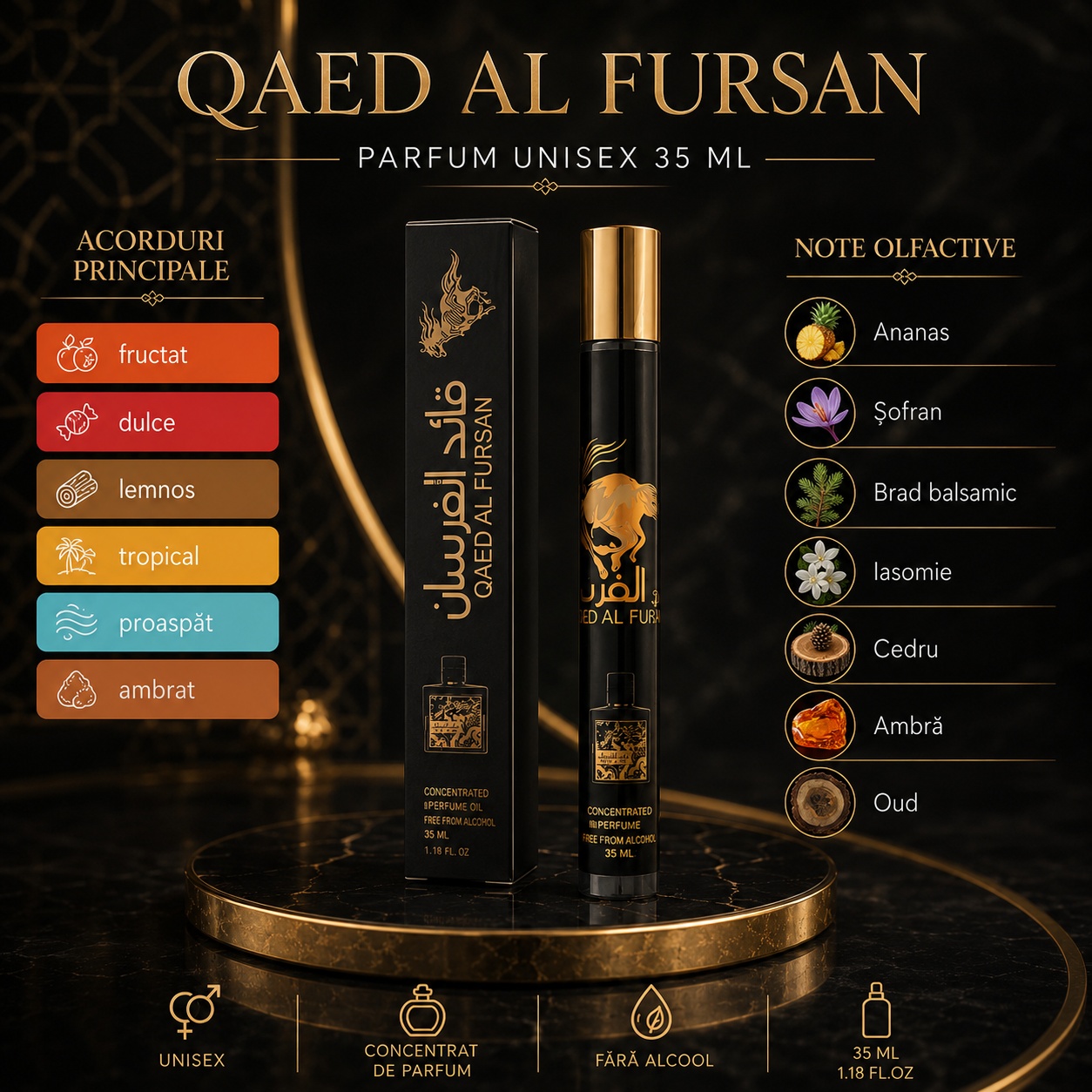 Note olfactive parfum Qaed Al Fursan ananas șofran brad balsamic iasomie cedru ambră oud