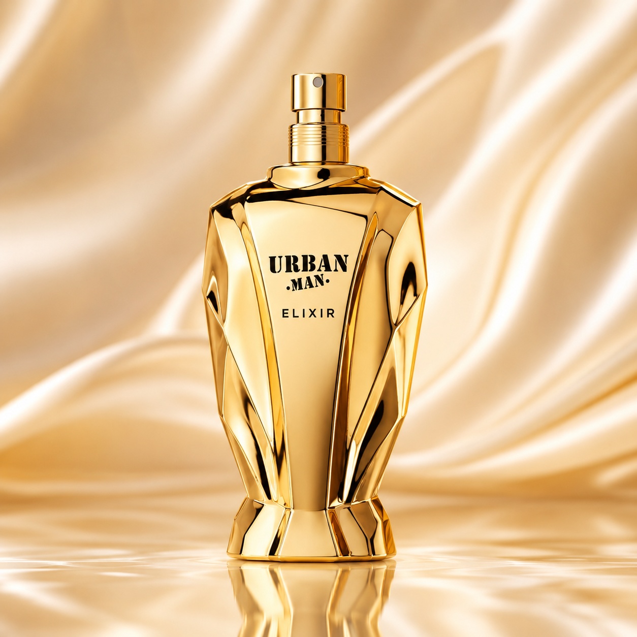 Flacon Urban Man Elixir Fragrance World 90 ml Apă de Parfum pentru bărbați cu design auriu sculptural