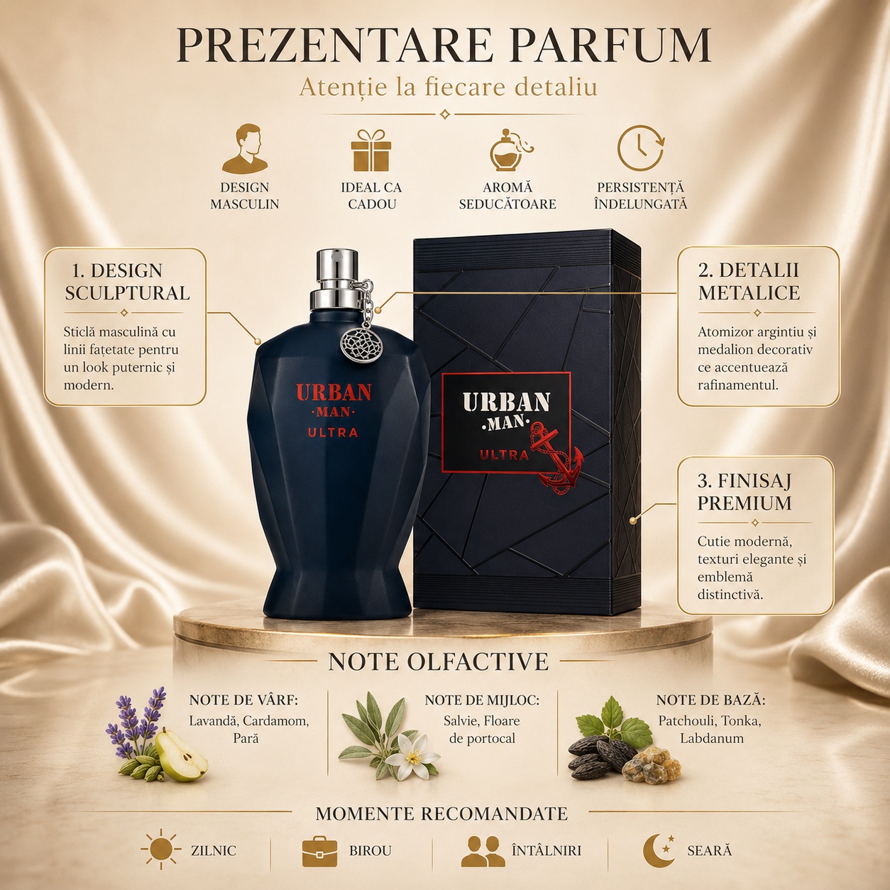 Prezentare parfum Urban Man Ultra Fragrance World cu design sculptural, detalii metalice, note olfactive și momente recomandate