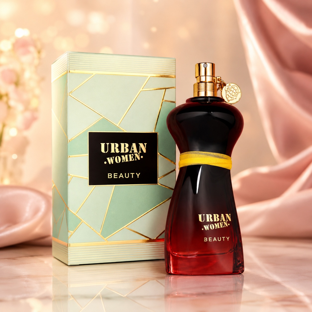 Parfum Arăbesc Urban Women Beauty Fragrance World 100 ml cu flacon roșu negru și cutie verde mentă premium