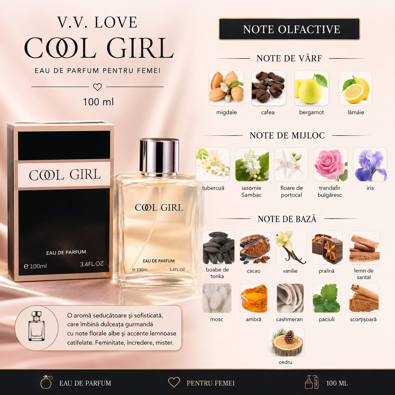Note olfactive V.V. Love Cool Girl migdale cafea bergamot tuberoză iasomie vanilie cacao