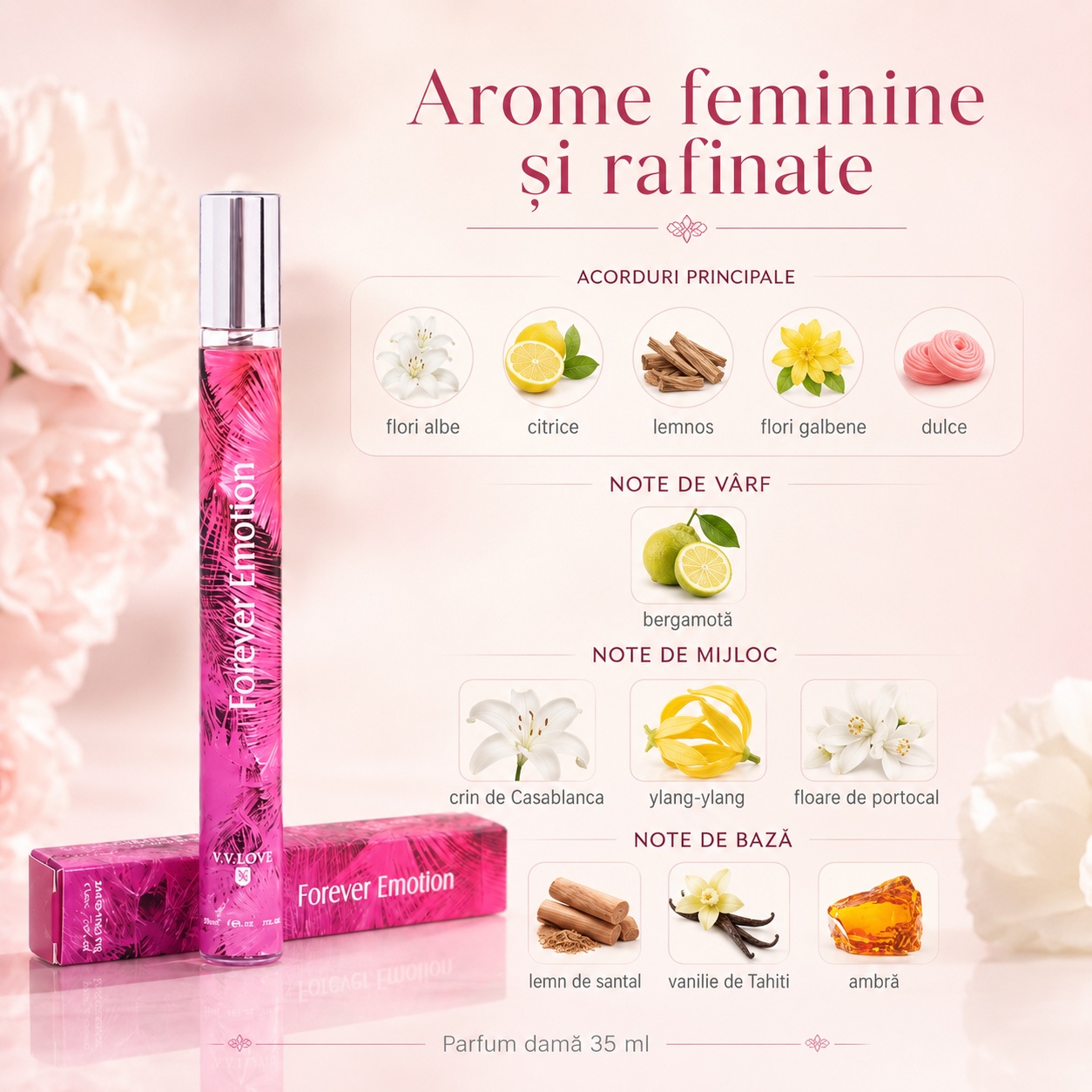 Note olfactive parfum Forever Emotion bergamotă crin ylang ylang vanilie ambră
