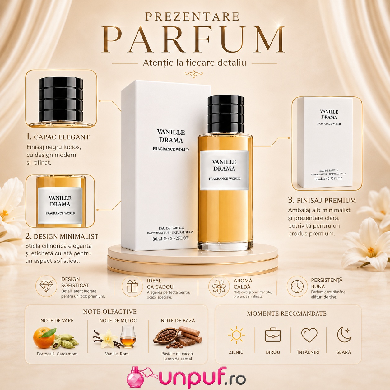 Prezentare parfum Vanille Drama Fragrance World cu detalii despre capac, design, ambalaj și note olfactive