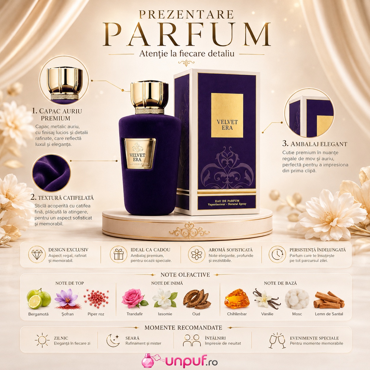 Velvet Era Fragrance World prezentare premium cu detalii capac auriu textură catifelată ambalaj elegant și beneficii