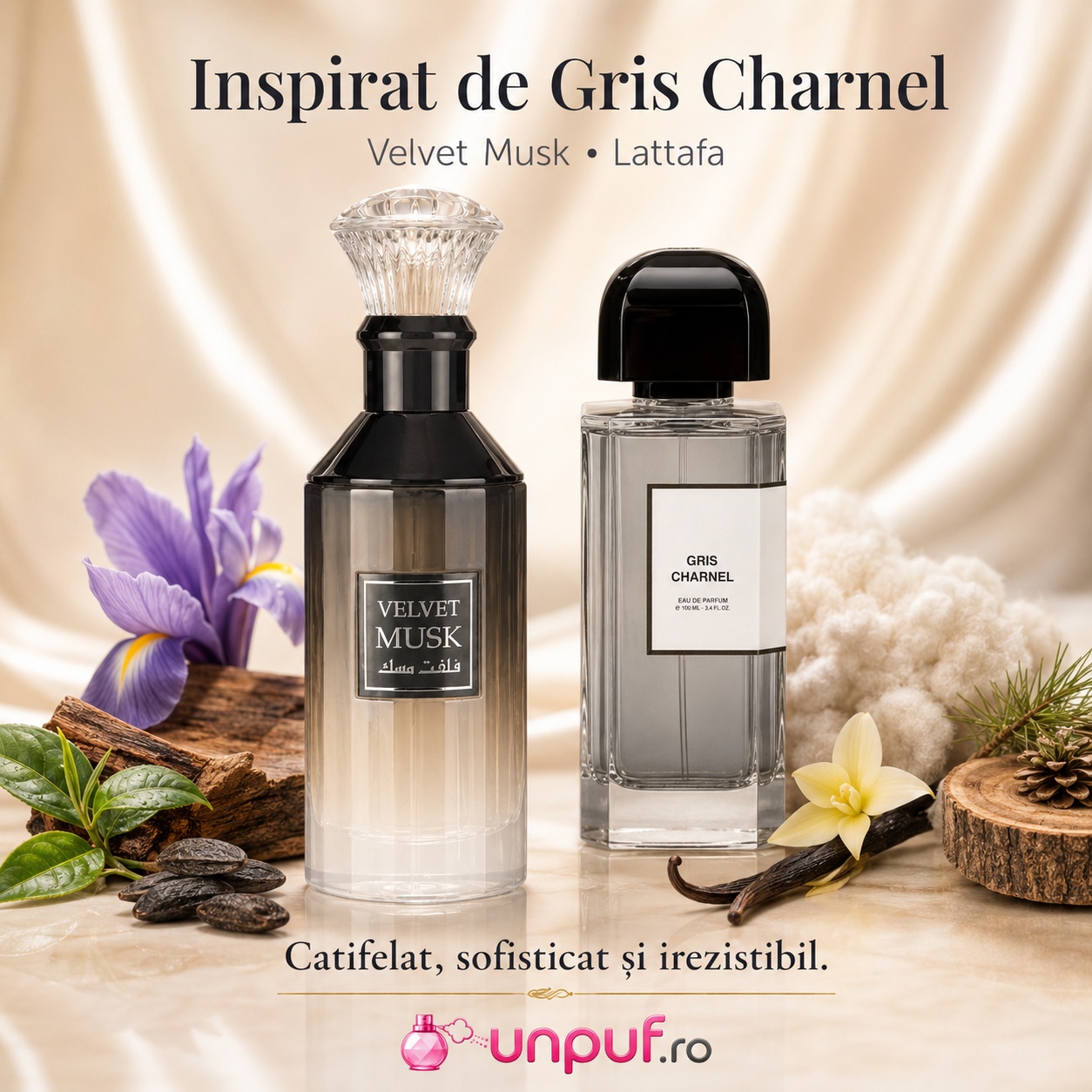 Velvet Musk Lattafa inspirat din Gris Charnel, parfum catifelat sofisticat și irezistibil