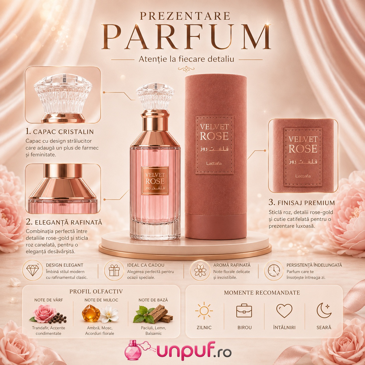 Prezentare parfum Velvet Rose Lattafa cu capac cristalin, eleganță rafinată, finisaj premium, profil olfactiv și momente recomandate