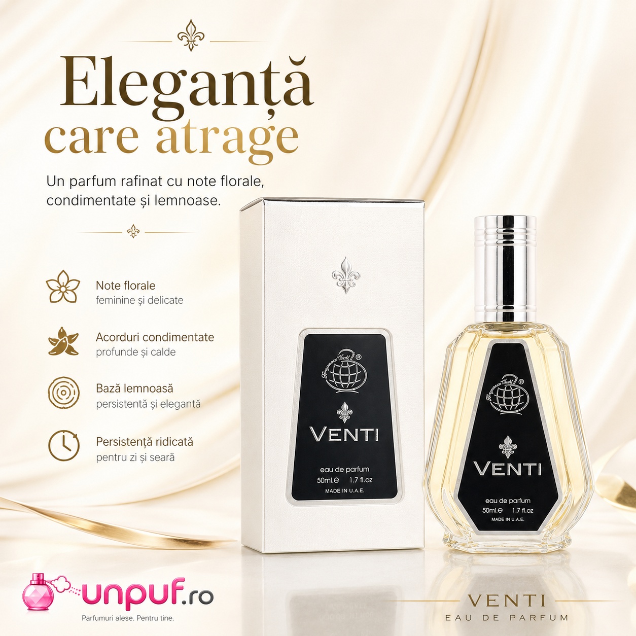 Venti Fragrance World flacon și cutie cu design premium alb negru