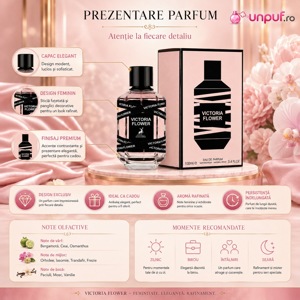 Prezentare parfum Victoria Flower Maison Alhambra cu capac elegant, design feminin, finisaj premium, note olfactive și momente recomandate