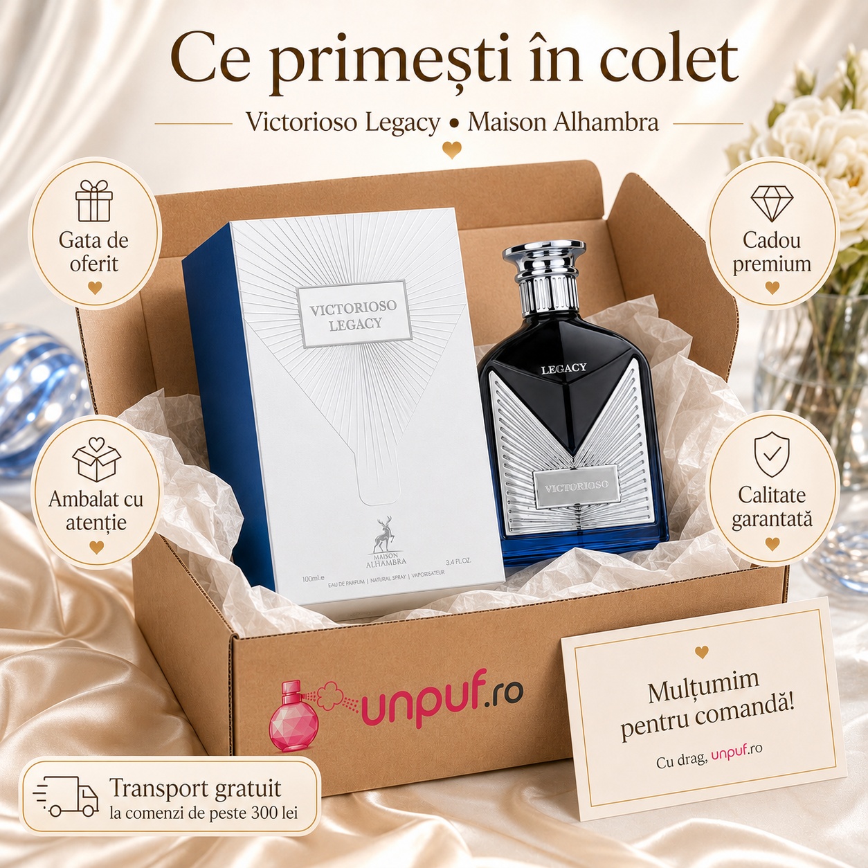 Ce primești &icirc;n colet Victorioso Legacy Maison Alhambra parfum arabesc bărbătesc ambalat cu atenție de unpuf.ro, gata de oferit cadou