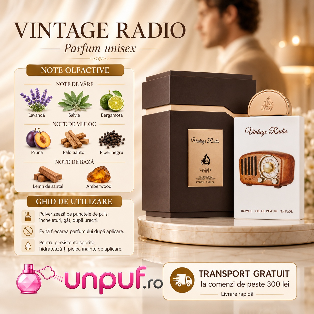 Ghid de utilizare Vintage Radio Lattafa Pride parfum cu lavandă, salvie, bergamotă, prună, Palo Santo, piper negru, santal și Amberwood