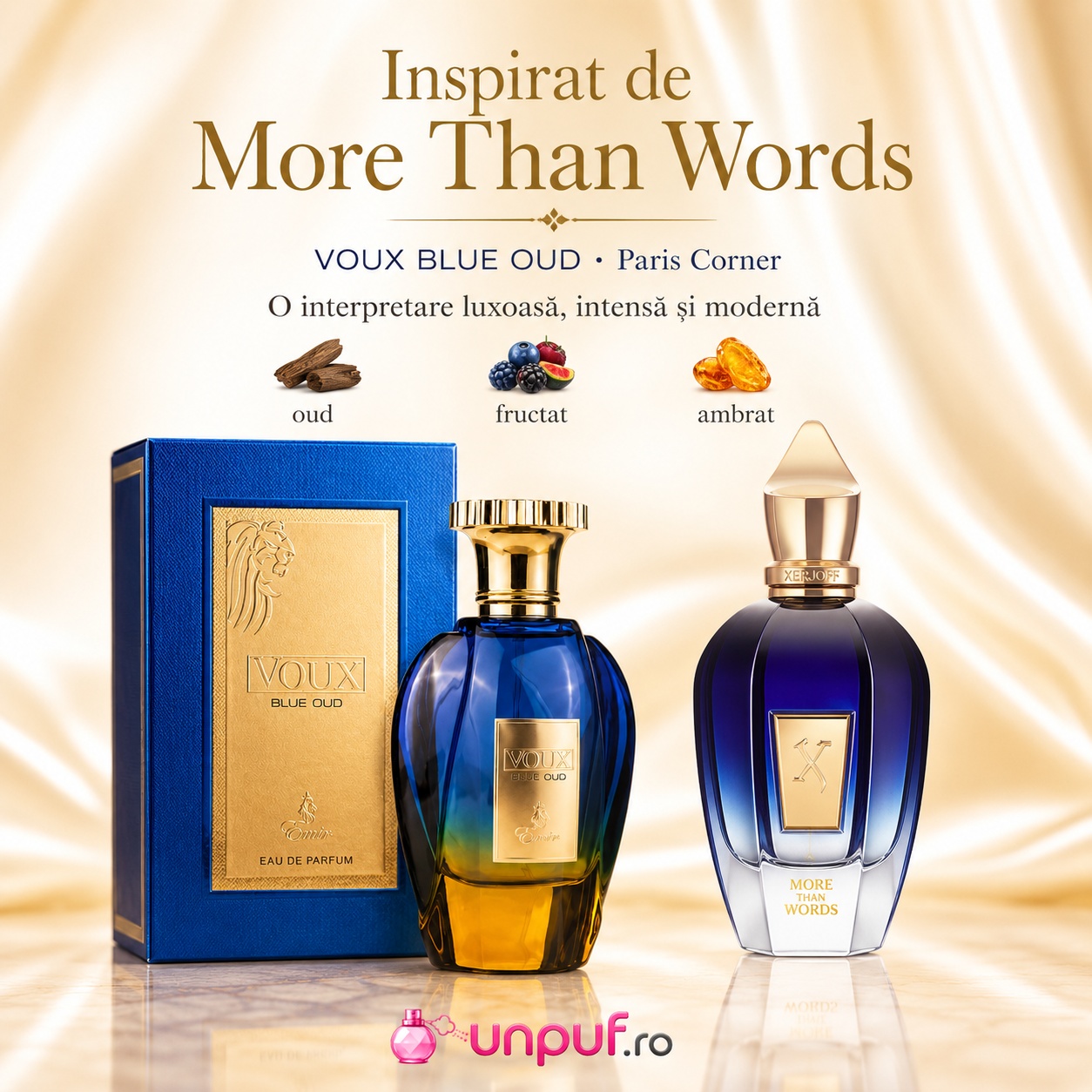Note olfactive și ghid de utilizare Voux Blue Oud Emir cu fructe, condimente, oud, ambră, tămâie și labdanum