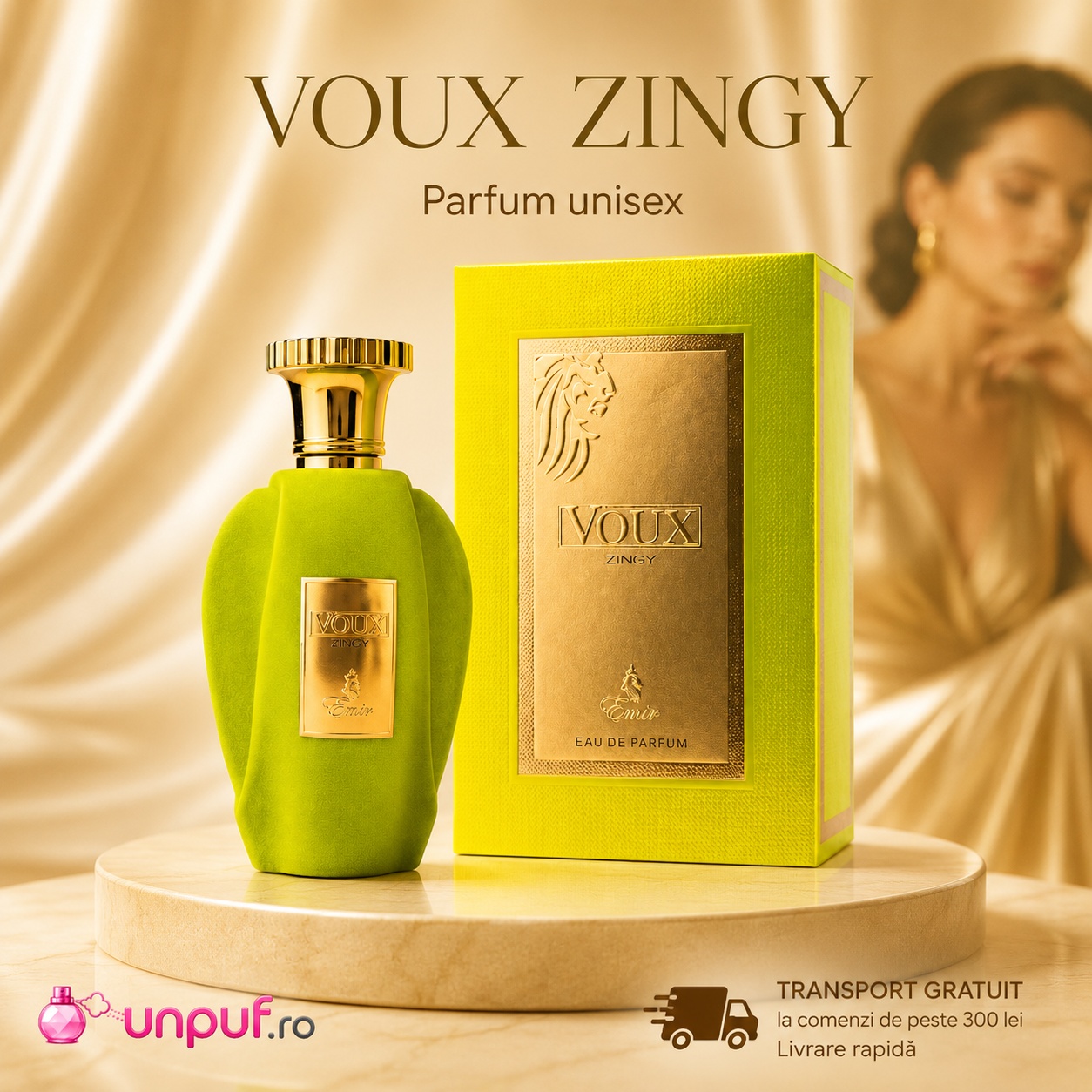 Voux Zingy Emir parfum arăbesc unisex cu sticlă verde premium și cutie aurie