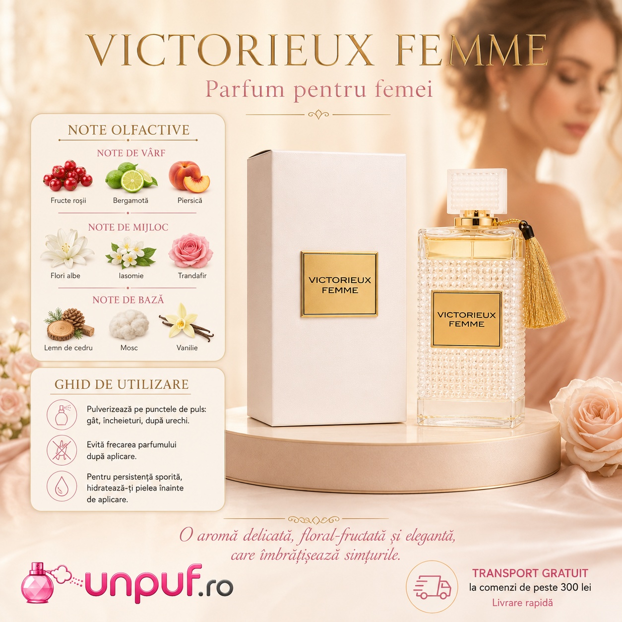 Profil olfactiv Vurv Victorieux Femme cu fructe roșii, bergamotă, piersică, flori albe, iasomie, trandafir, cedru, mosc și vanilie